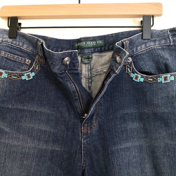 Ralph Lauren Turquoise Aztec Beaded Southwestern Wide Leg Jeans Medium Wash 10P - Picture 2 of 6